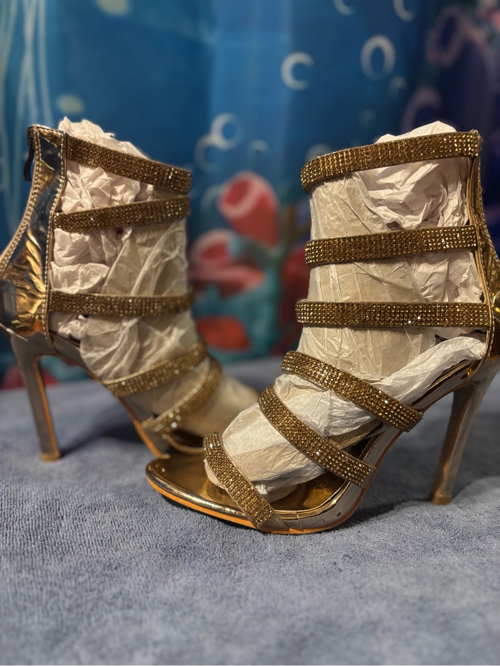 Gold Strappy Rhinestone High Heel Sandals - Women